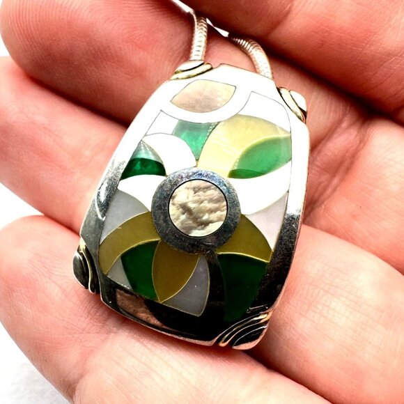 Eric Grossbardt 18K Gold Sterling Silver Yellow Green Flower Pendant Necklace - Picture 4 of 5